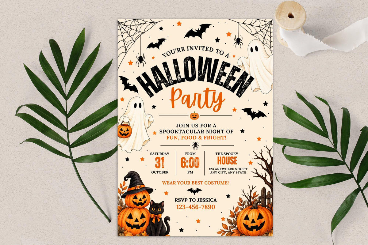 Editable Halloween Party Invitation Template, Spooky Ghost Pumpkin Design (Digital Download)