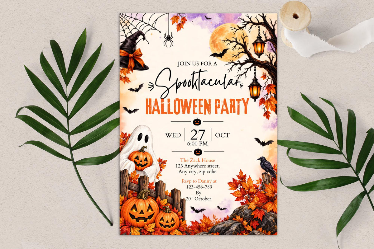 Spooktacular Halloween Party Invitation, Editable Canva Ghost Pumpkin Invite, Witchy Fall Halloween Birthday Template