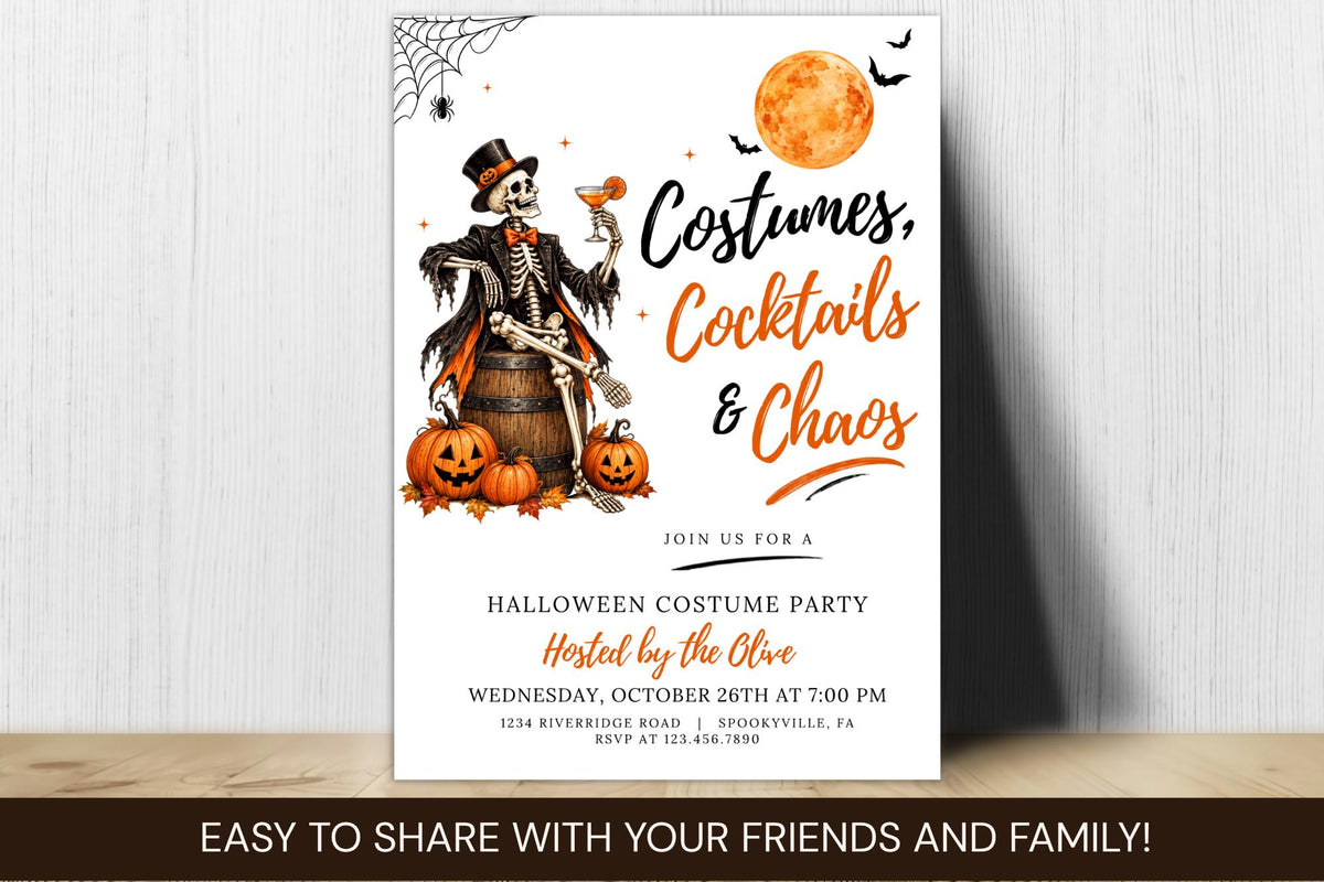Editable Halloween Costume Party Invitation, Skeleton Cocktail Template (Digital File)