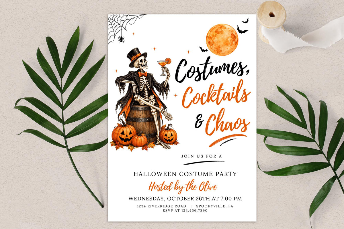 Editable Halloween Costume Party Invitation, Skeleton Cocktail Template (Digital File)