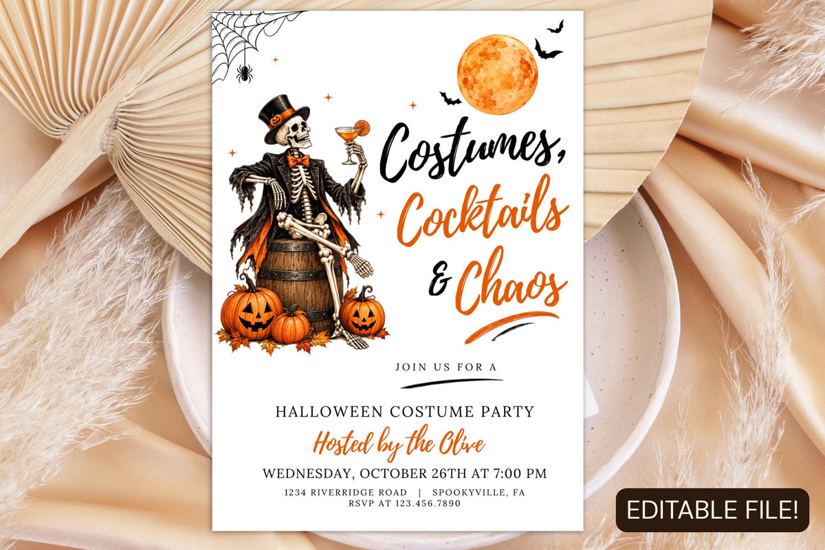 Editable Halloween Costume Party Invitation, Skeleton Cocktail Template (Digital File)