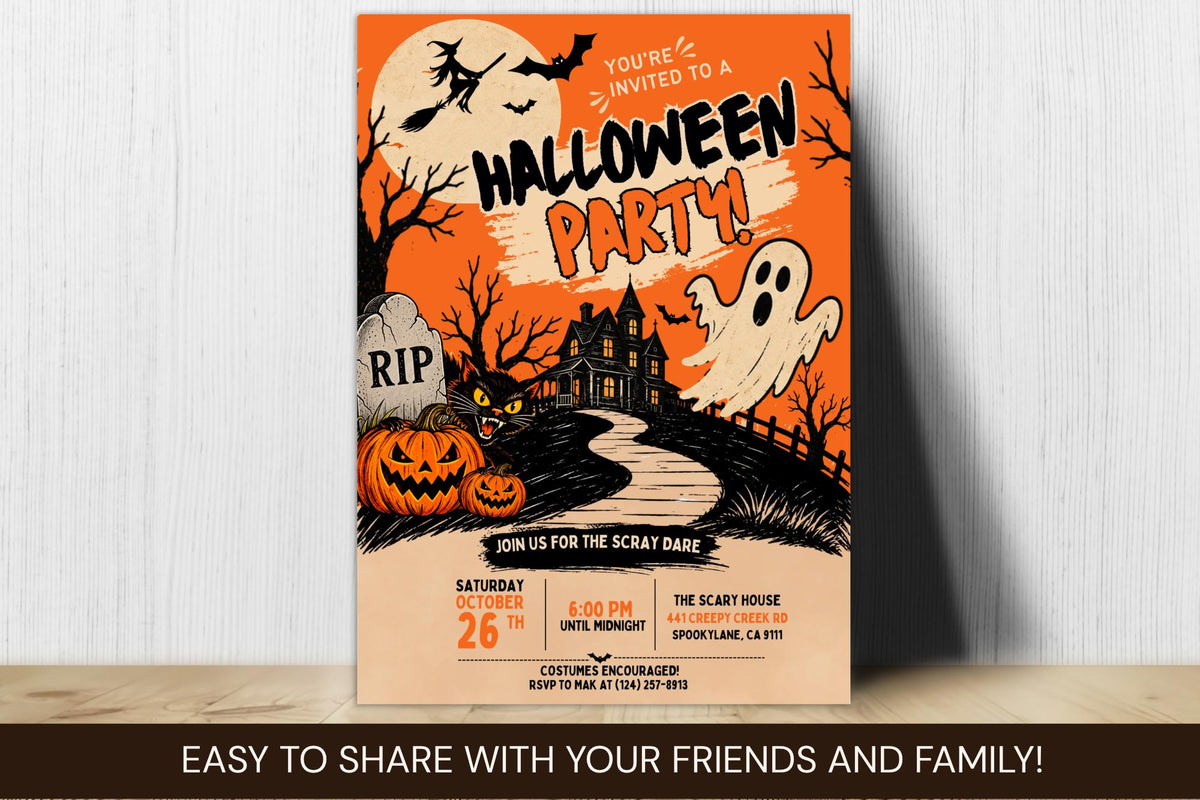 Editable Canva Halloween Party Invitation, Vintage Spooky Haunted House Design (Digital Download)