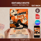 Editable Canva Halloween Party Invitation, Vintage Spooky Haunted House Design (Digital Download)