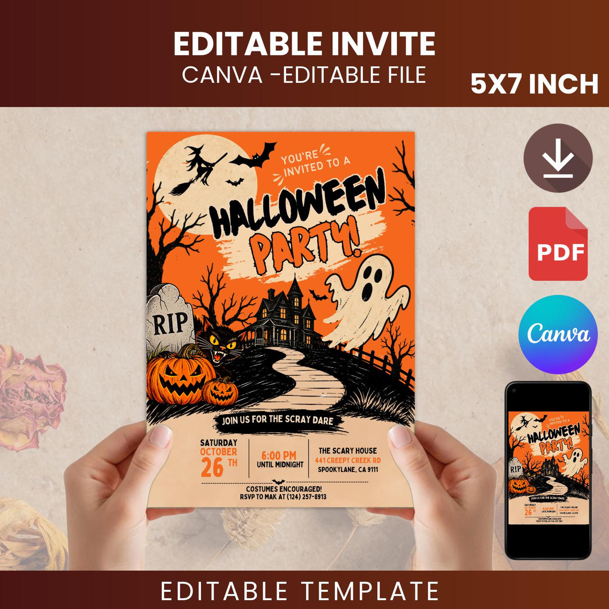 Editable Canva Halloween Party Invitation, Vintage Spooky Haunted House Design (Digital Download)