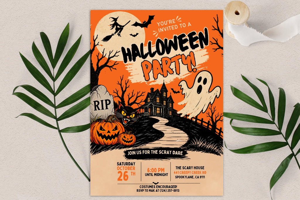 Editable Canva Halloween Party Invitation, Vintage Spooky Haunted House Design (Digital Download)