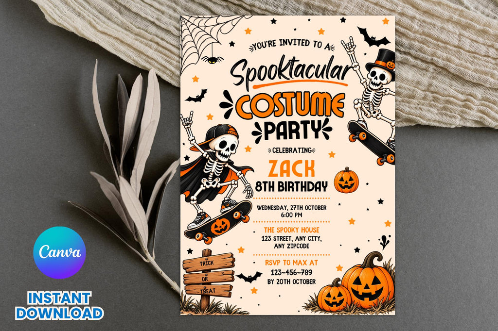 Spooktacular Costume Party Invitation, Editable Canva Halloween Birthday Invite, Skeleton Skateboard Pumpkin Party Template