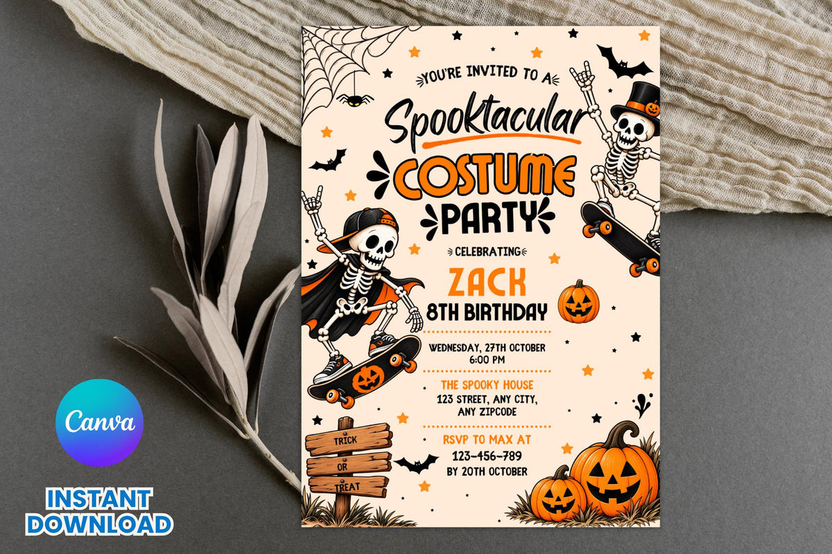 Spooktacular Costume Party Invitation, Editable Canva Halloween Birthday Invite, Skeleton Skateboard Pumpkin Party Template