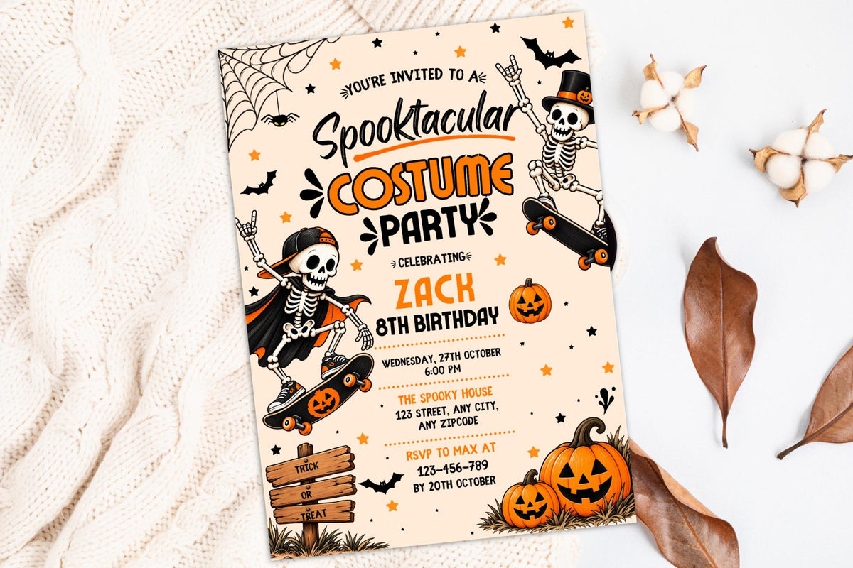 Spooktacular Costume Party Invitation, Editable Canva Halloween Birthday Invite, Skeleton Skateboard Pumpkin Party Template