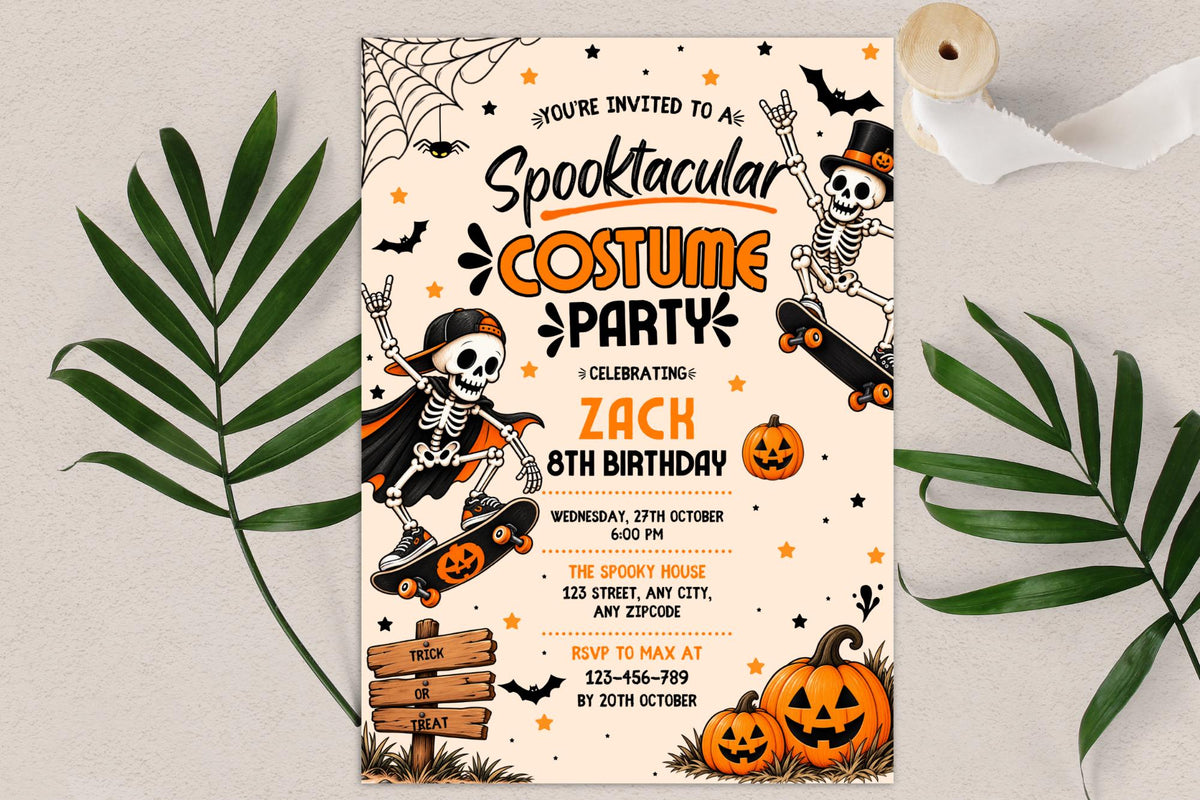 Spooktacular Costume Party Invitation, Editable Canva Halloween Birthday Invite, Skeleton Skateboard Pumpkin Party Template
