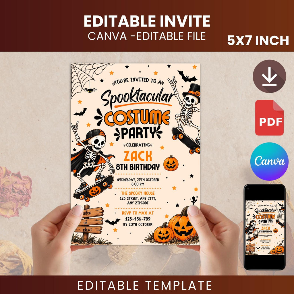 Spooktacular Costume Party Invitation, Editable Canva Halloween Birthday Invite, Skeleton Skateboard Pumpkin Party Template