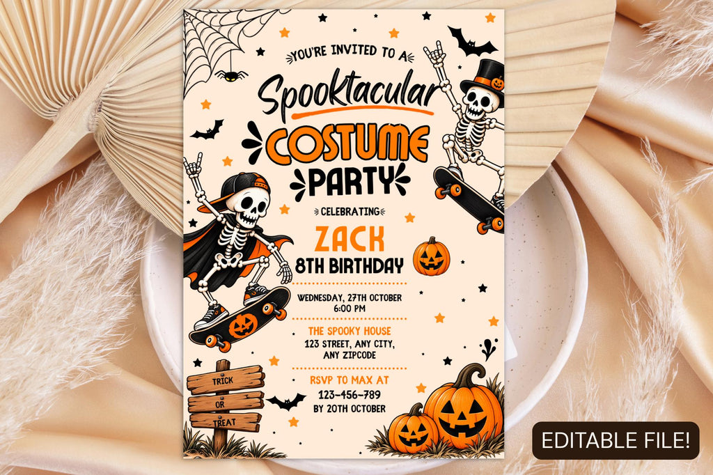 Spooktacular Costume Party Invitation, Editable Canva Halloween Birthday Invite, Skeleton Skateboard Pumpkin Party Template