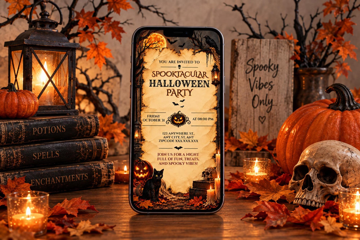 Editable Canva Halloween Party Invitation, Vintage Gothic Pumpkin Black Cat Template (Digital File)