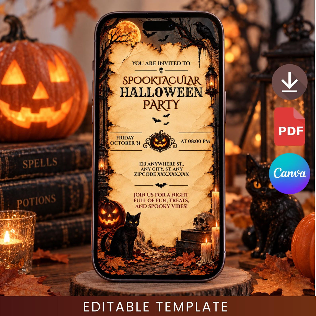 Editable Canva Halloween Party Invitation, Vintage Gothic Pumpkin Black Cat Template (Digital File)