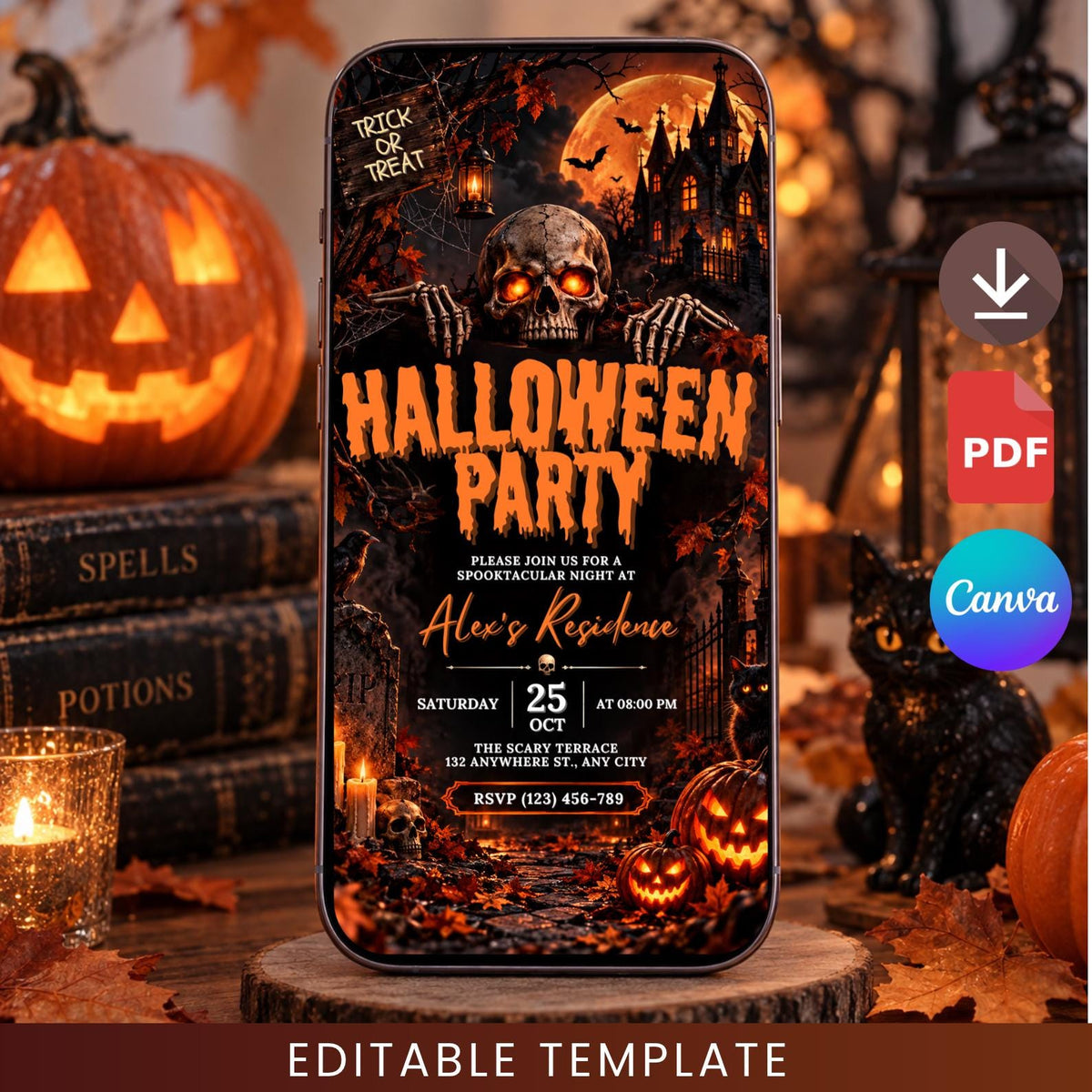 Editable Canva Halloween Party Invitation, Gothic Skull, Haunted House (Digital Template)