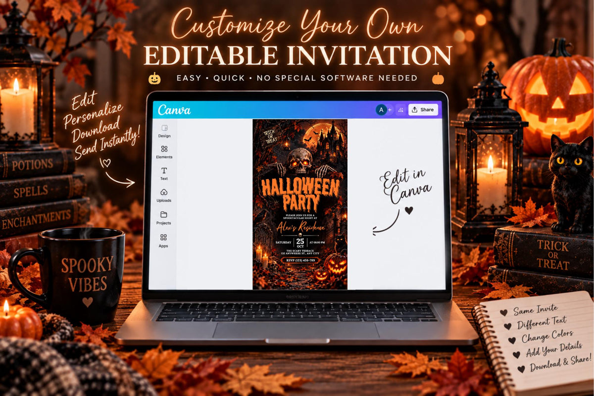 Editable Canva Halloween Party Invitation, Gothic Skull, Haunted House (Digital Template)