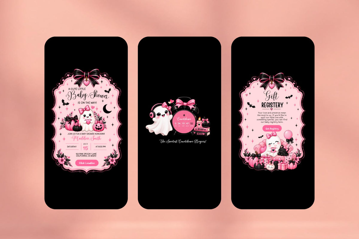 Pink Halloween Baby Shower Invitation, Editable Canva Template (Digital File)