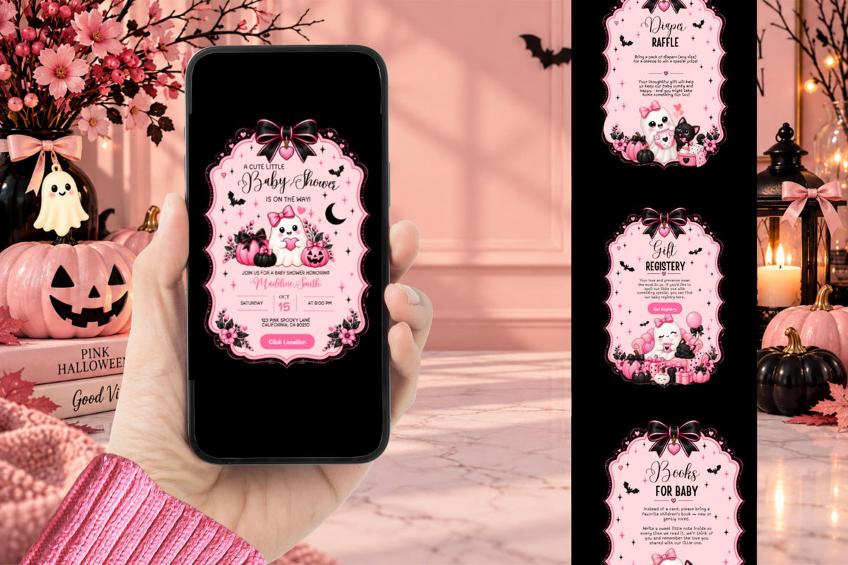 Pink Halloween Baby Shower Invitation, Editable Canva Template (Digital File)
