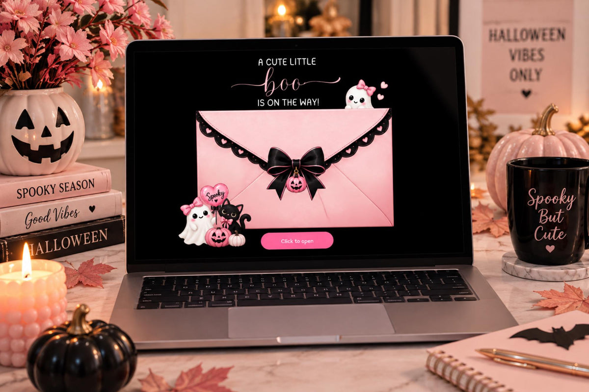 Pink Halloween Baby Shower Invitation, Editable Canva Template (Digital File)