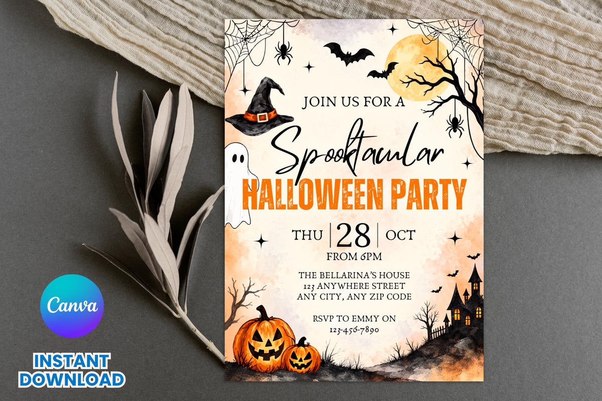Editable Halloween Party Invitation Template, Spooky Canva Design (Digital Download)