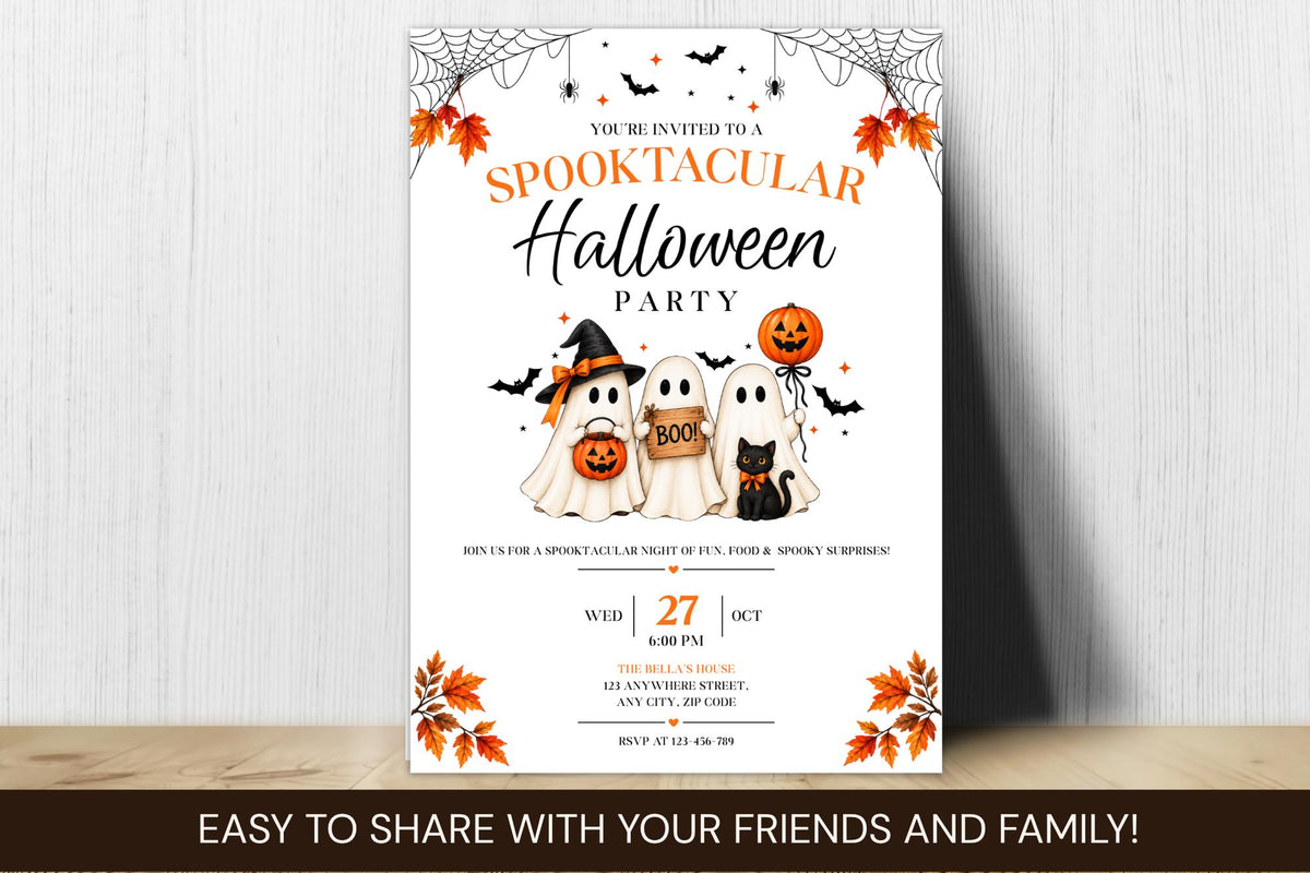 Editable Canva Halloween Party Invitation, Ghost Pumpkin Witch Cat Template (Digital Download)