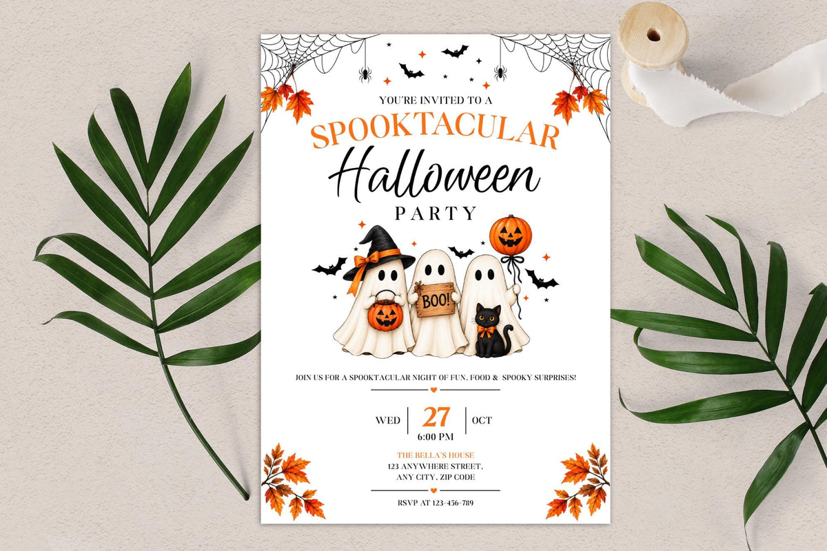 Editable Canva Halloween Party Invitation, Ghost Pumpkin Witch Cat Template (Digital Download)