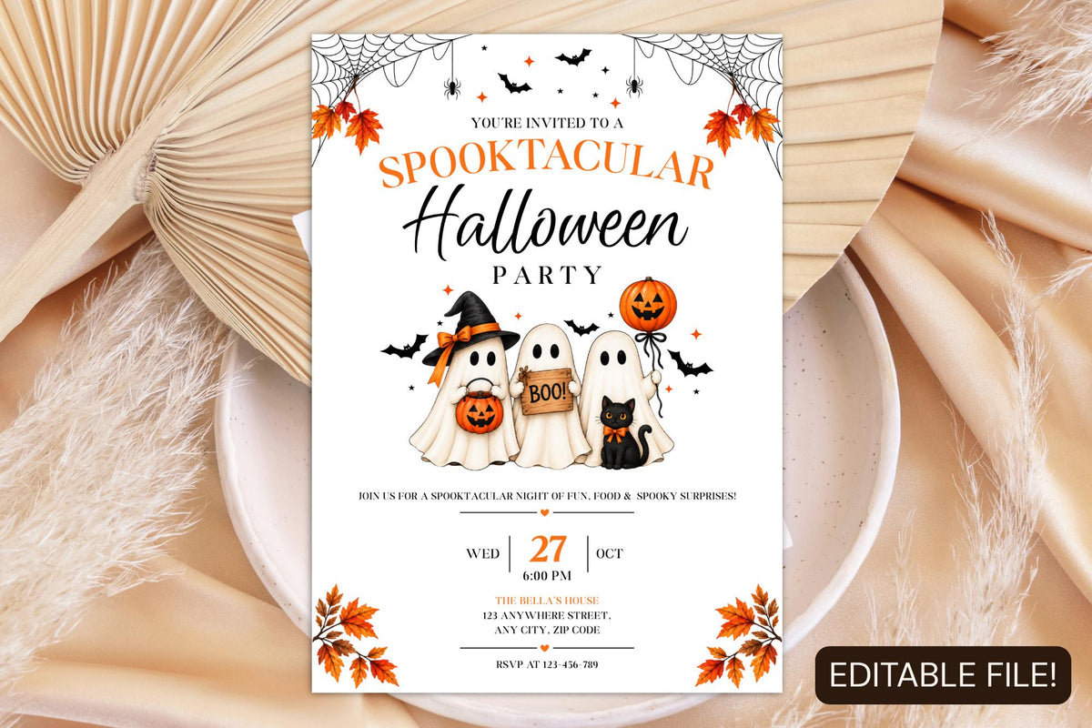 Editable Canva Halloween Party Invitation, Ghost Pumpkin Witch Cat Template (Digital Download)