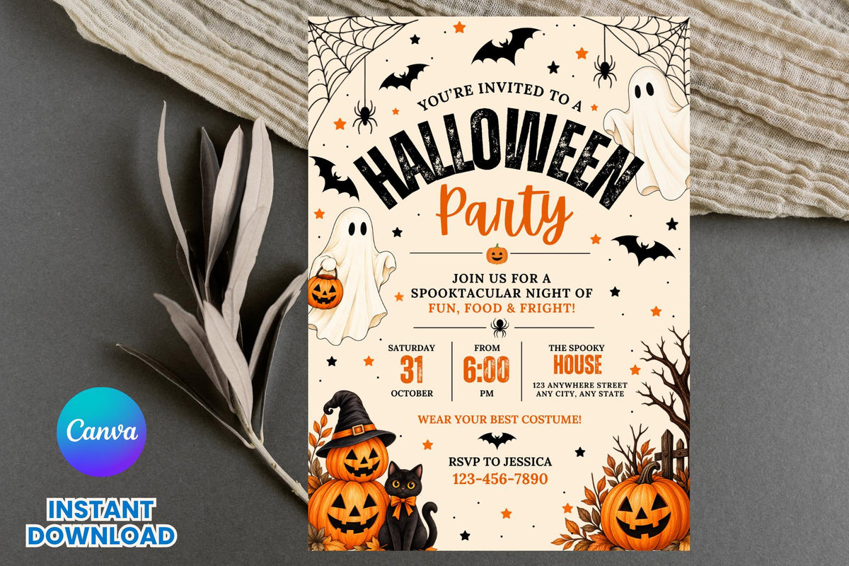 Editable Halloween Party Invitation Template, Spooky Ghost Pumpkin Design (Digital Download)