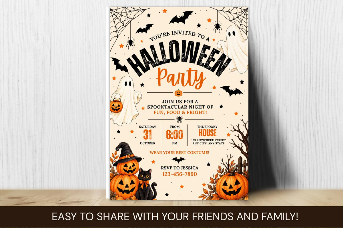 Editable Halloween Party Invitation Template, Spooky Ghost Pumpkin Design (Digital Download)