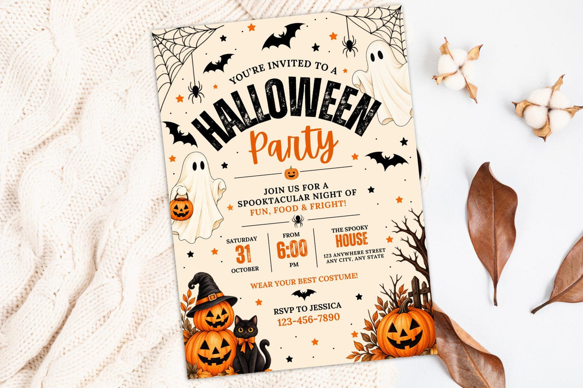 Editable Halloween Party Invitation Template, Spooky Ghost Pumpkin Design (Digital Download)