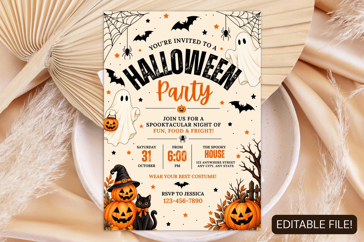 Editable Halloween Party Invitation Template, Spooky Ghost Pumpkin Design (Digital Download)