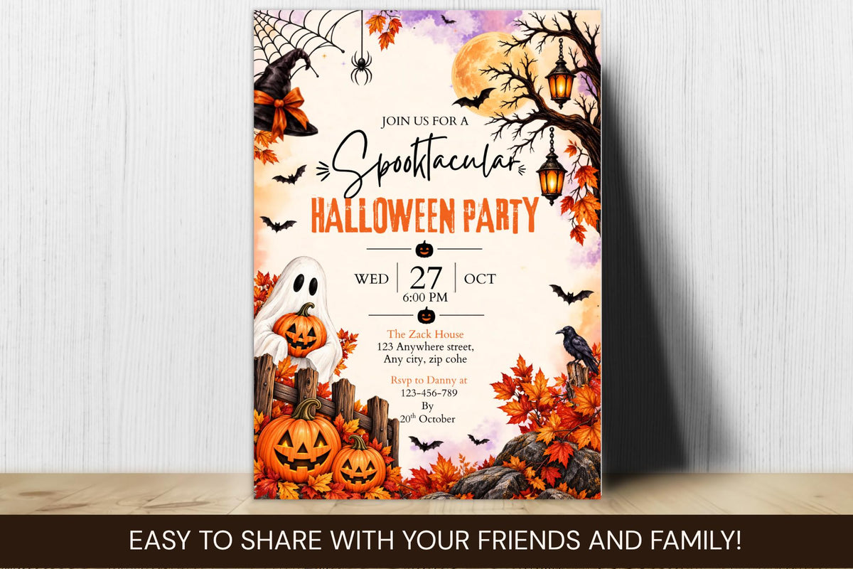 Spooktacular Halloween Party Invitation, Editable Canva Ghost Pumpkin Invite, Witchy Fall Halloween Birthday Template