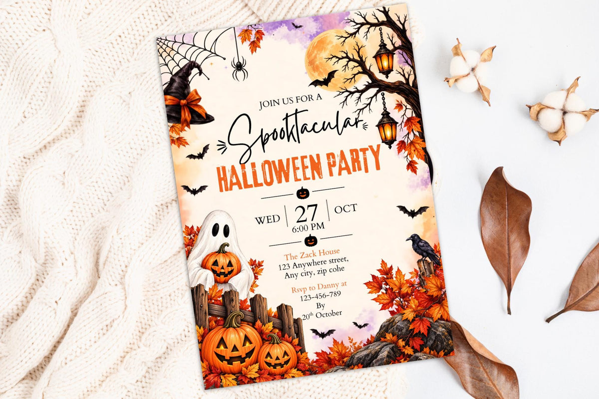 Spooktacular Halloween Party Invitation, Editable Canva Ghost Pumpkin Invite, Witchy Fall Halloween Birthday Template