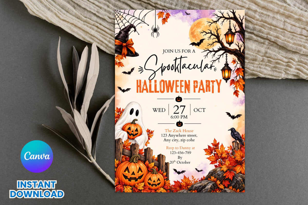 Spooktacular Halloween Party Invitation, Editable Canva Ghost Pumpkin Invite, Witchy Fall Halloween Birthday Template