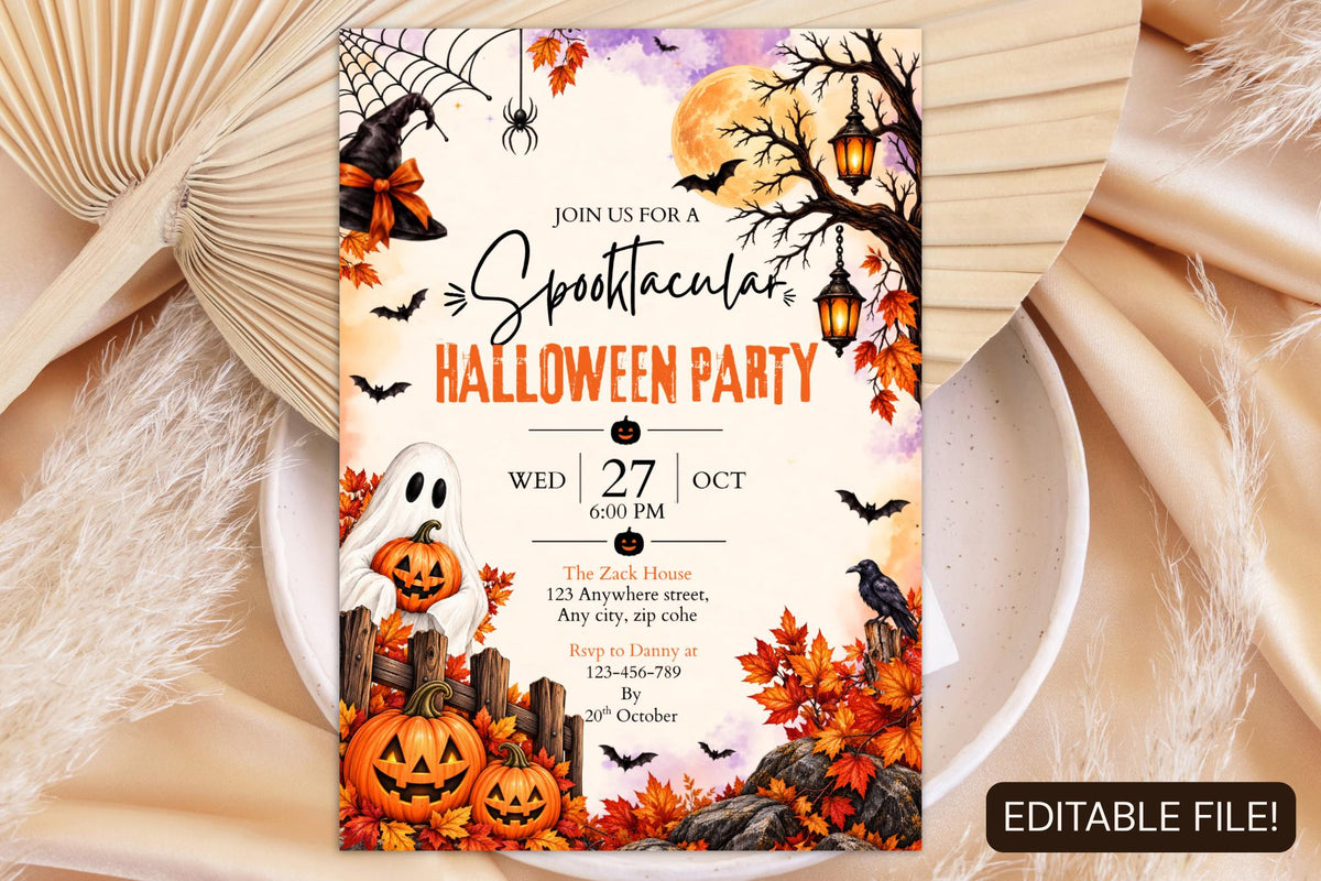 Spooktacular Halloween Party Invitation, Editable Canva Ghost Pumpkin Invite, Witchy Fall Halloween Birthday Template