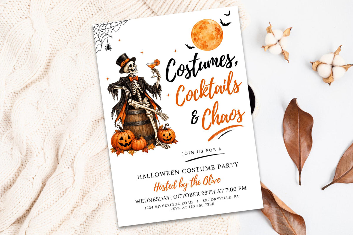 Editable Halloween Costume Party Invitation, Skeleton Cocktail Template (Digital File)