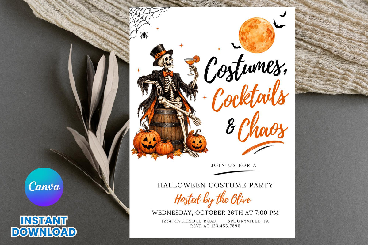 Editable Halloween Costume Party Invitation, Skeleton Cocktail Template (Digital File)
