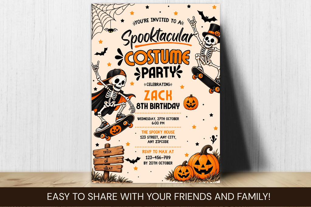 Spooktacular Costume Party Invitation, Editable Canva Halloween Birthday Invite, Skeleton Skateboard Pumpkin Party Template