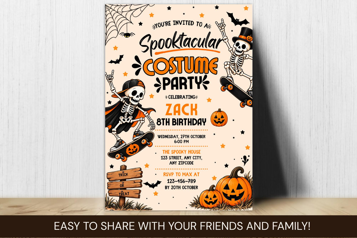 Spooktacular Costume Party Invitation, Editable Canva Halloween Birthday Invite, Skeleton Skateboard Pumpkin Party Template