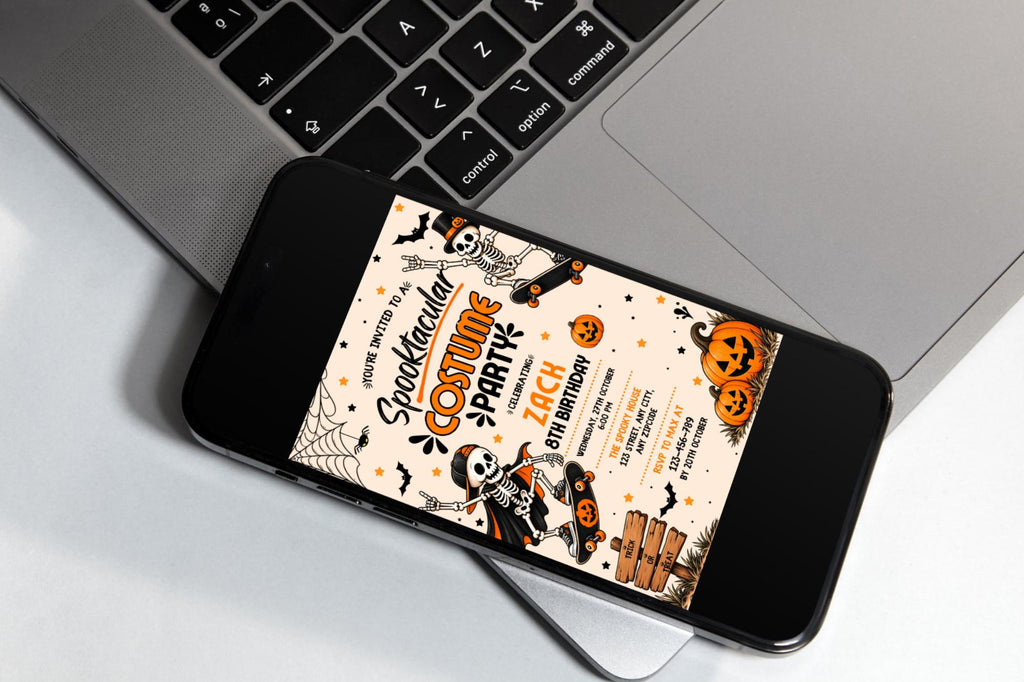 Spooktacular Costume Party Invitation, Editable Canva Halloween Birthday Invite, Skeleton Skateboard Pumpkin Party Template