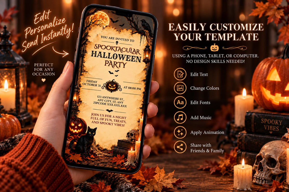 Editable Canva Halloween Party Invitation, Vintage Gothic Pumpkin Black Cat Template (Digital File)