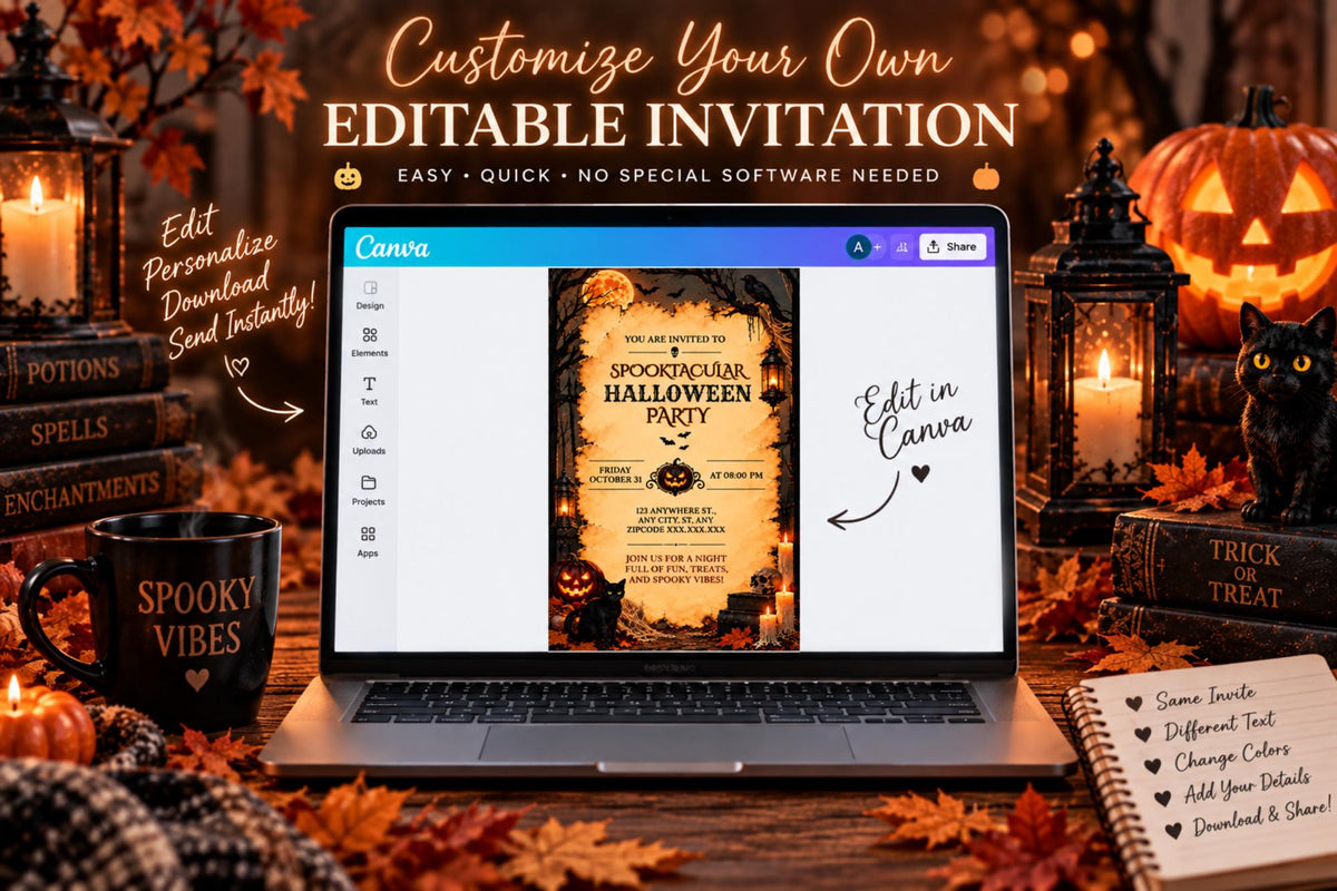 Editable Canva Halloween Party Invitation, Vintage Gothic Pumpkin Black Cat Template (Digital File)