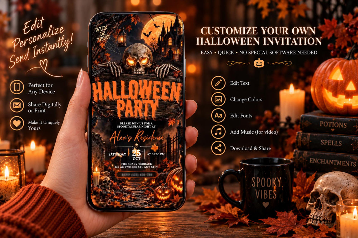 Editable Canva Halloween Party Invitation, Gothic Skull, Haunted House (Digital Template)