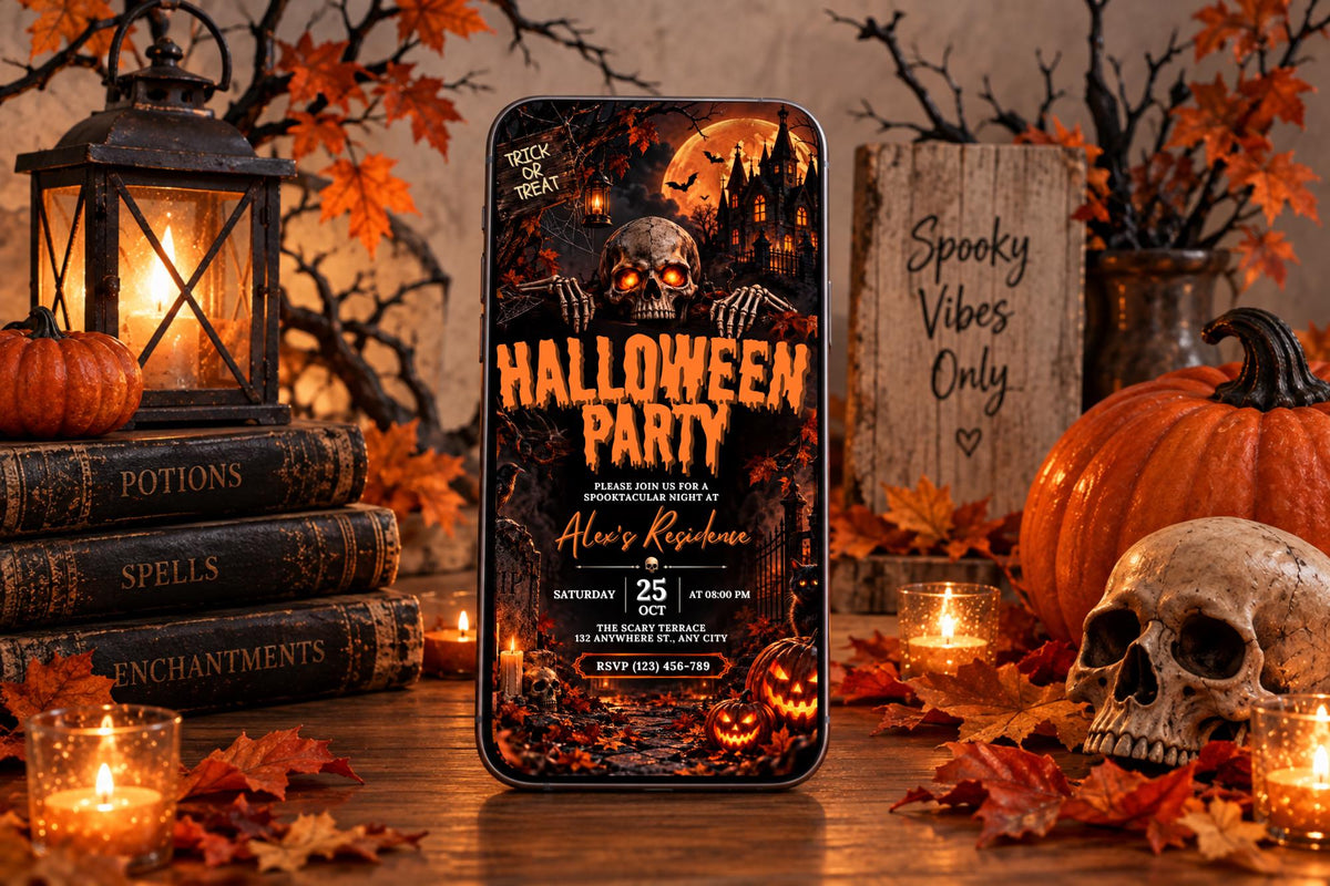 Editable Canva Halloween Party Invitation, Gothic Skull, Haunted House (Digital Template)