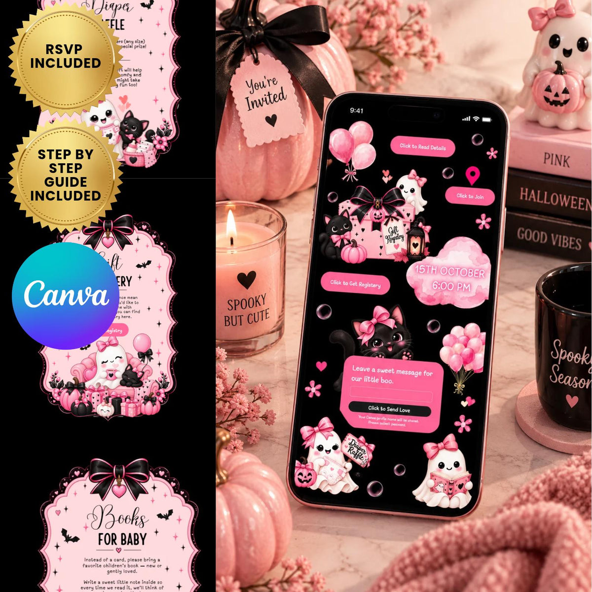 Pink Halloween Baby Shower Invitation, Editable Canva Template (Digital File)