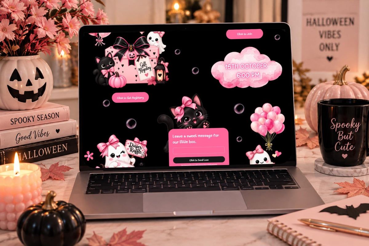 Pink Halloween Baby Shower Invitation, Editable Canva Template (Digital File)