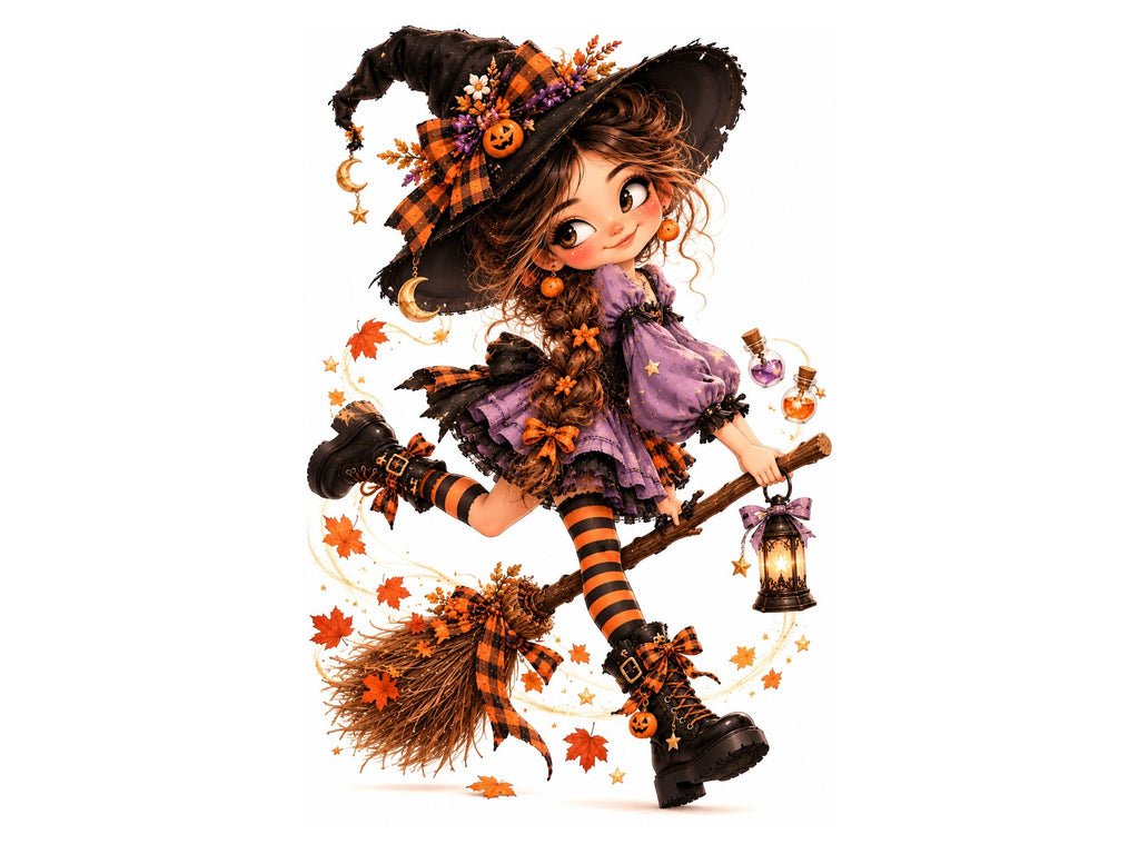 20 Whimsical Halloween Girl Clipart, Cute Halloween Clip Art PNG JPG, Witch Girl, Pumpkin, Black Cat, Fall Girl Illustrations Bundle