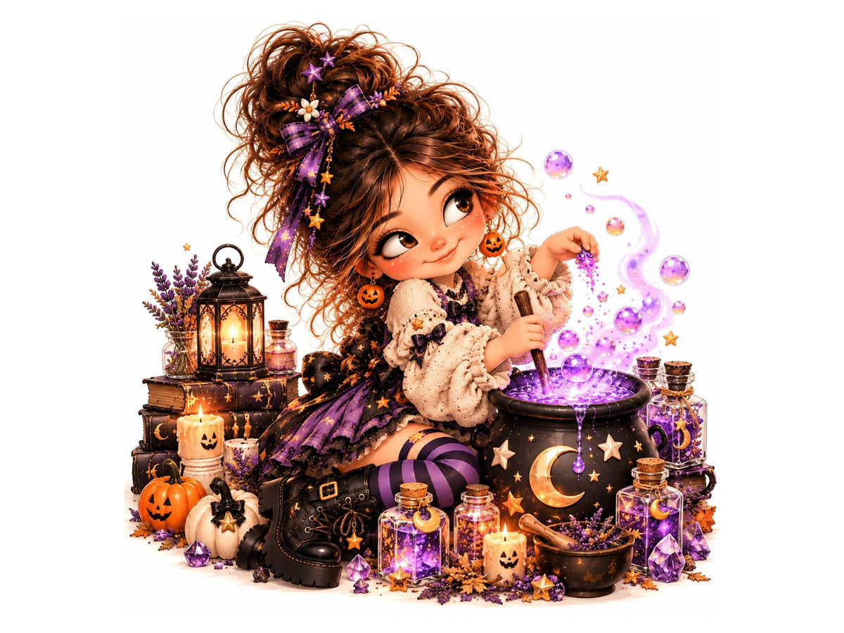20 Whimsical Halloween Girl Clipart, Cute Halloween Clip Art PNG JPG, Witch Girl, Pumpkin, Black Cat, Fall Girl Illustrations Bundle