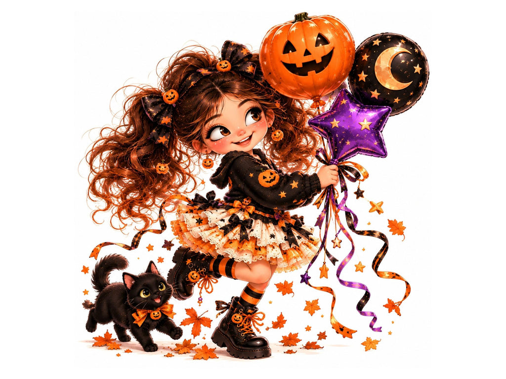 20 Whimsical Halloween Girl Clipart, Cute Halloween Clip Art PNG JPG, Witch Girl, Pumpkin, Black Cat, Fall Girl Illustrations Bundle