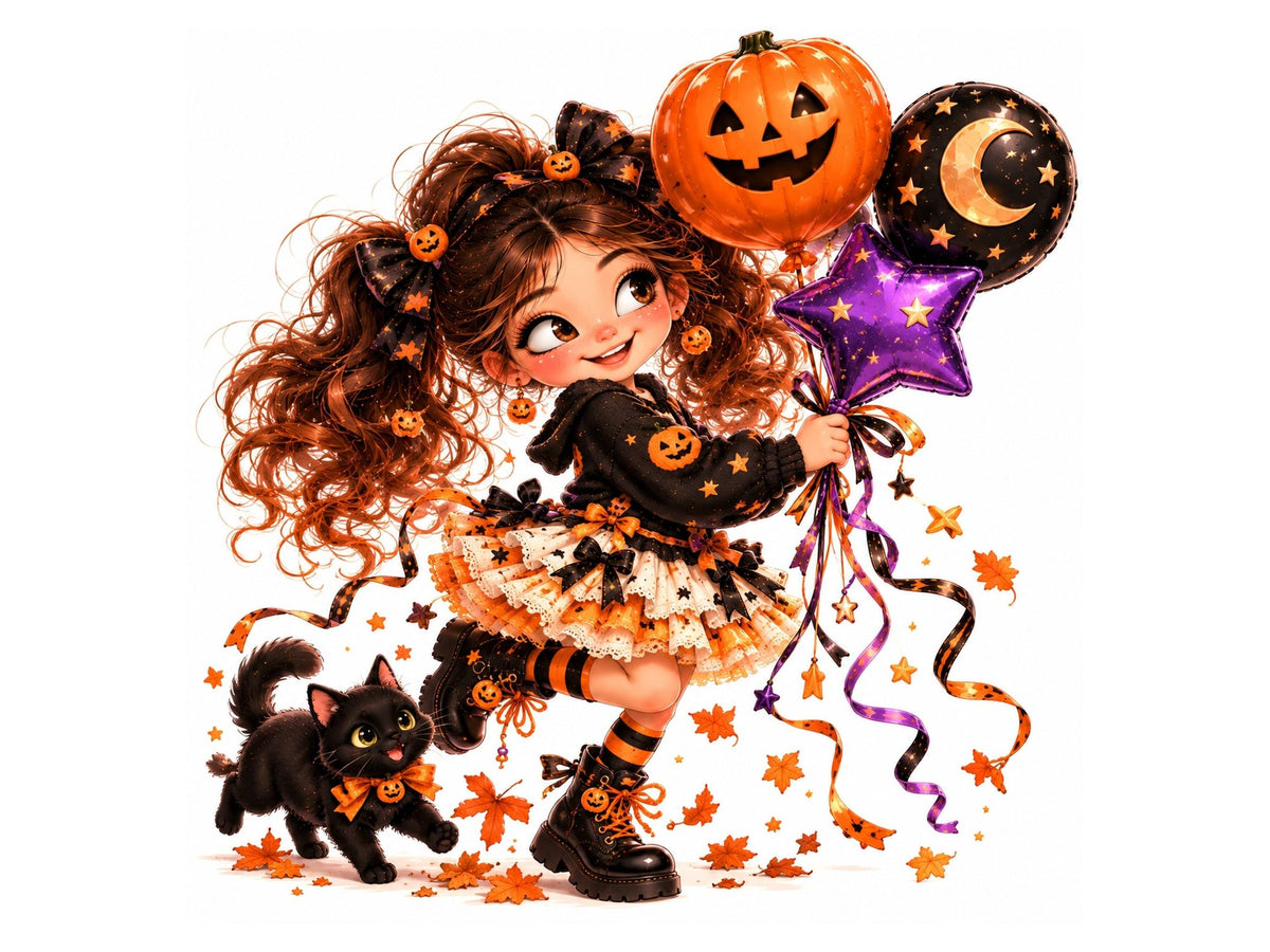 20 Whimsical Halloween Girl Clipart, Cute Halloween Clip Art PNG JPG, Witch Girl, Pumpkin, Black Cat, Fall Girl Illustrations Bundle