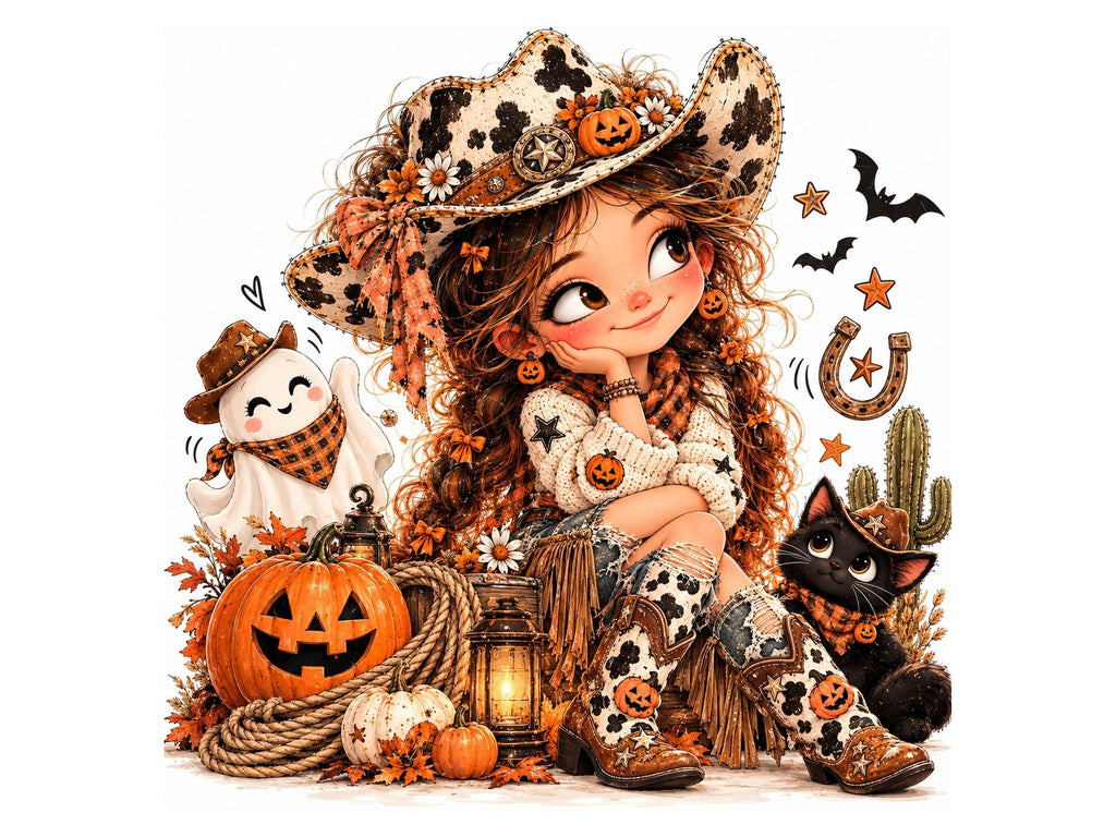 20 Whimsical Halloween Girl Clipart, Cute Halloween Clip Art PNG JPG, Witch Girl, Pumpkin, Black Cat, Fall Girl Illustrations Bundle